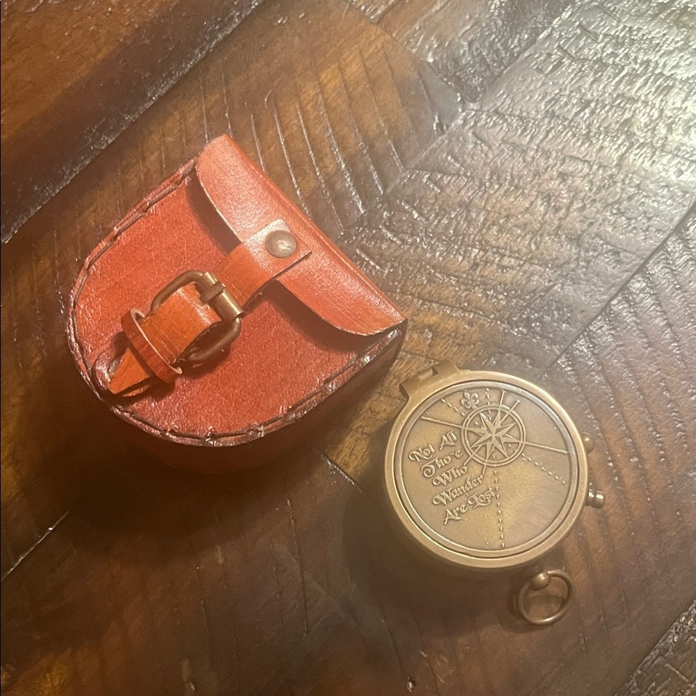 Vintage Style Brass Compass with Red Leather Pouch
